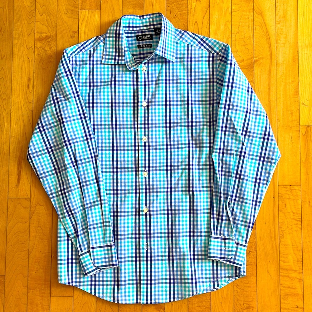 Never been worn, Chaps, Boys long sleeve button down dress shirt, blue checker